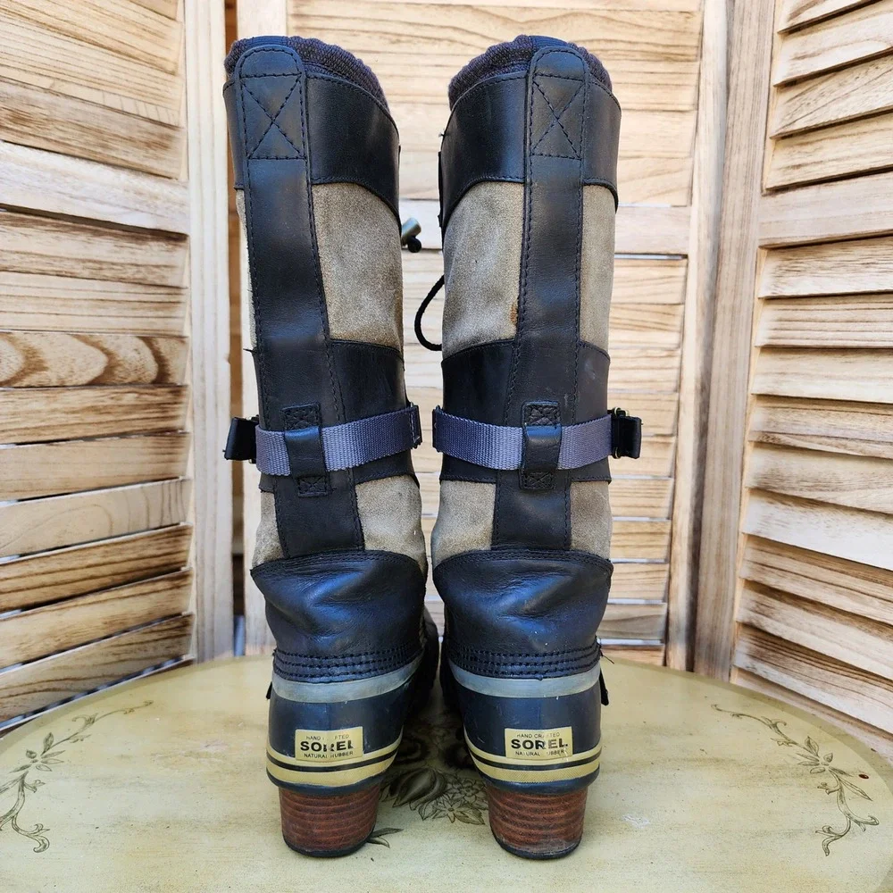 Sorel Sz 9.5 Black Leather Suede Conquest Carly Winter Snow Boots NL1897-270